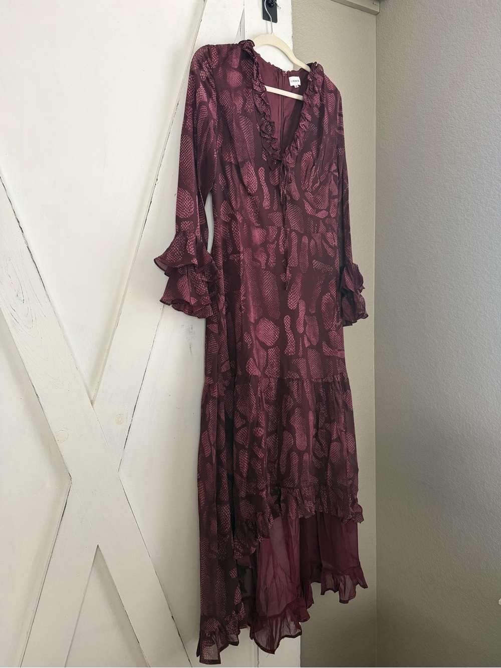 Womens Ruffle Trim Burgundy Print High-Low Dress